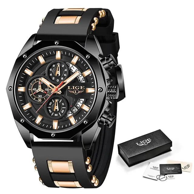 LIGE Fashion Quartz Men Watches, Luxury Silicone Sport Watch, Date, Chronograph, Waterproof - TrendoZone