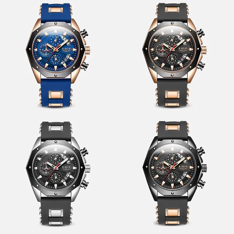 LIGE Fashion Quartz Men Watches, Luxury Silicone Sport Watch, Date, Chronograph, Waterproof - TrendoZone