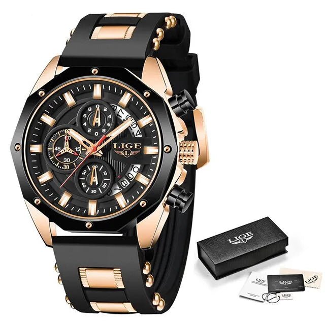 LIGE Fashion Quartz Men Watches, Luxury Silicone Sport Watch, Date, Chronograph, Waterproof - TrendoZone