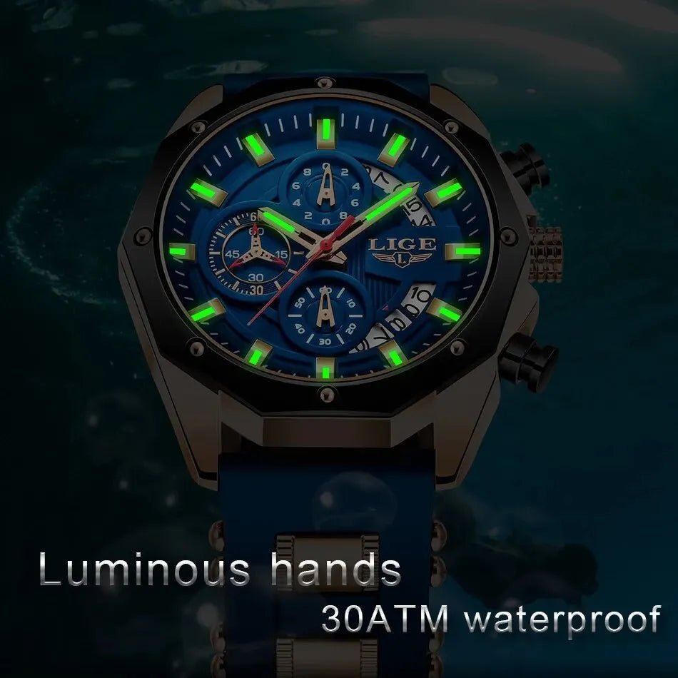 LIGE Fashion Quartz Men Watches, Luxury Silicone Sport Watch, Date, Chronograph, Waterproof - TrendoZone