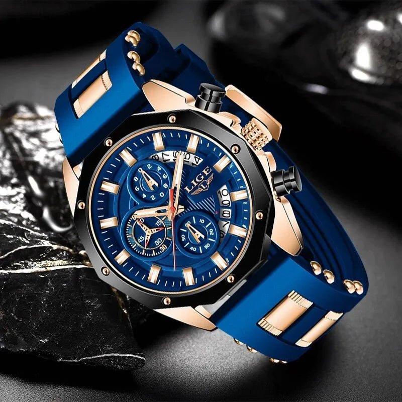 LIGE Fashion Quartz Men Watches, Luxury Silicone Sport Watch, Date, Chronograph, Waterproof - TrendoZone