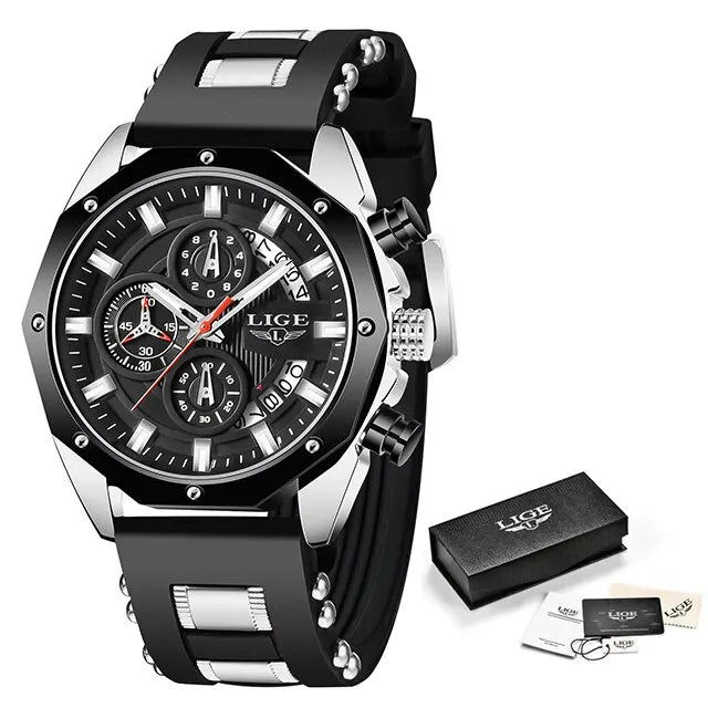 LIGE Fashion Quartz Men Watches, Luxury Silicone Sport Watch, Date, Chronograph, Waterproof - TrendoZone