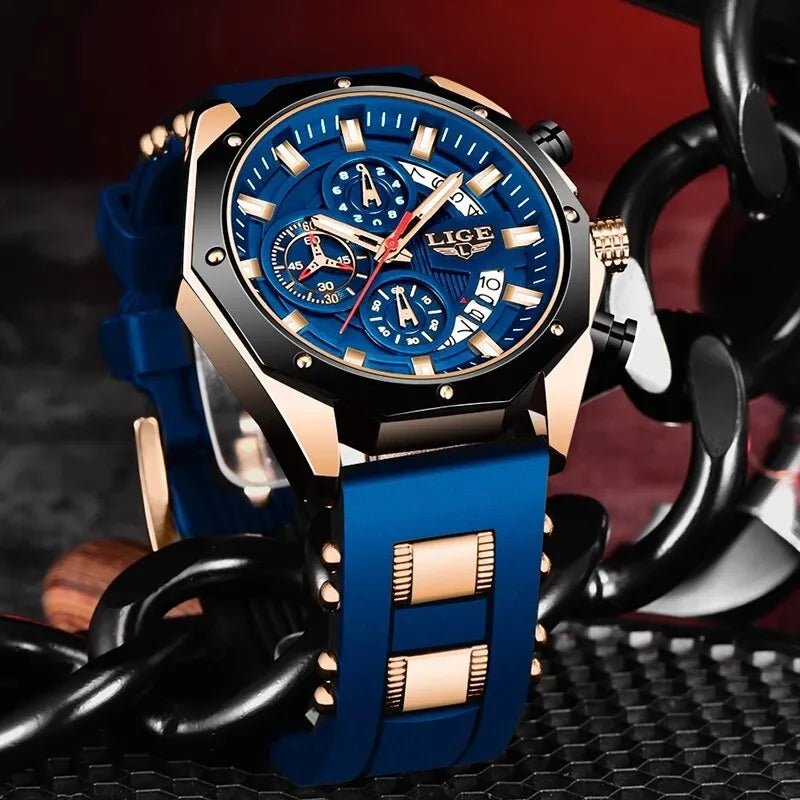 LIGE Fashion Quartz Men Watches, Luxury Silicone Sport Watch, Date, Chronograph, Waterproof - TrendoZone