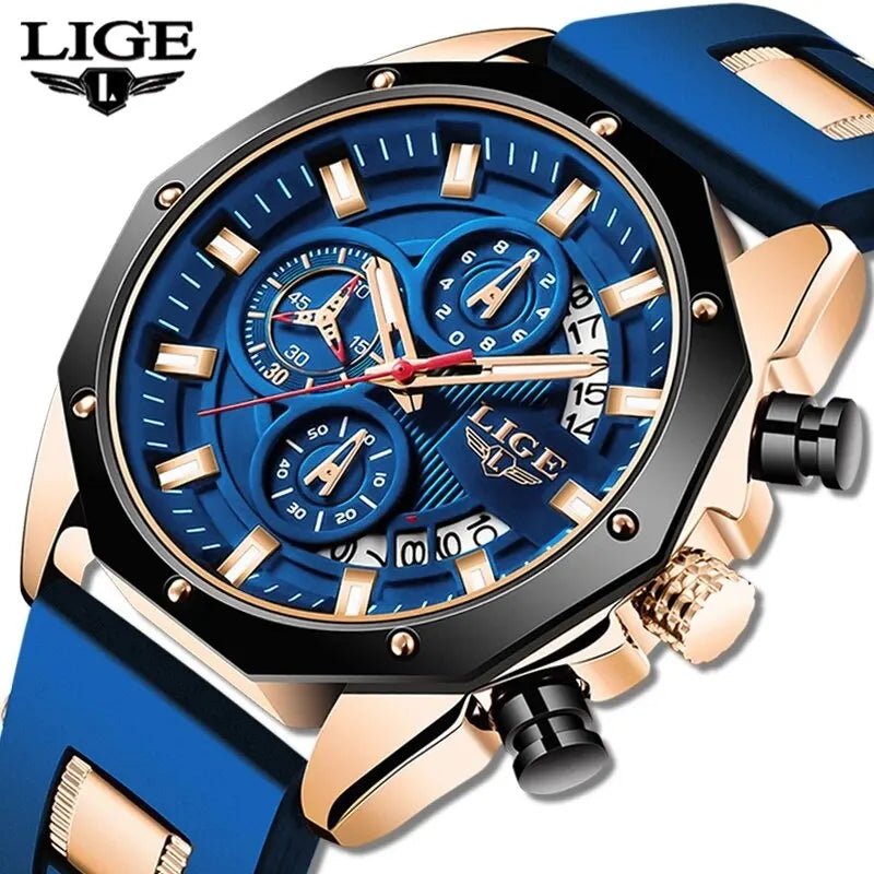 LIGE Fashion Quartz Men Watches, Luxury Silicone Sport Watch, Date, Chronograph, Waterproof - TrendoZone