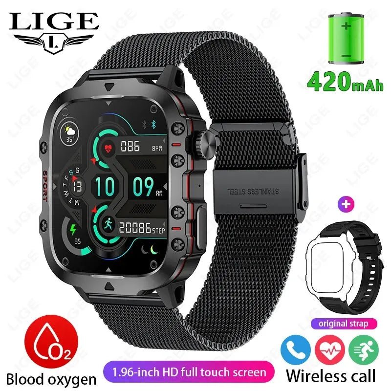 LIGE New Smart Watch 1.96 Inch Screen, 420 MAh, Bluetooth, Call Voice Assistant Waterproof Smartwatch for Men - TrendoZone