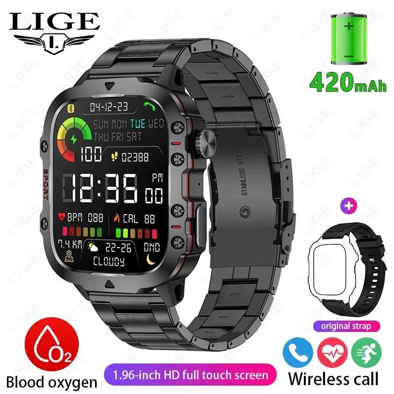 LIGE New Smart Watch 1.96 Inch Screen, 420 MAh, Bluetooth, Call Voice Assistant Waterproof Smartwatch for Men - TrendoZone