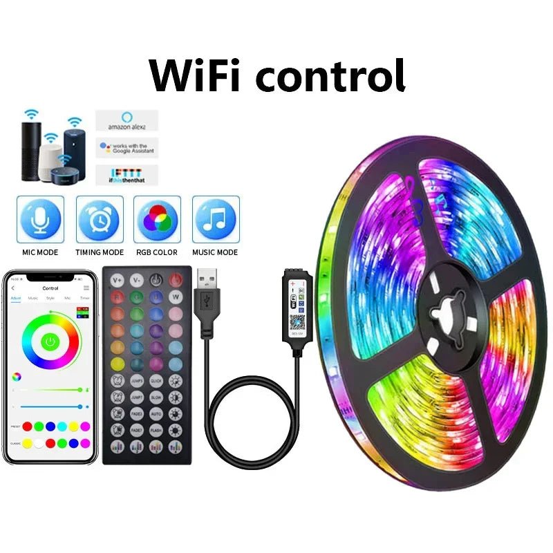 RGB LED Strip Lights - USB Wi-Fi APP Control Luces LED Flexible Lamp Tape for TV Backlight Room Decor Lighting - TrendoZone