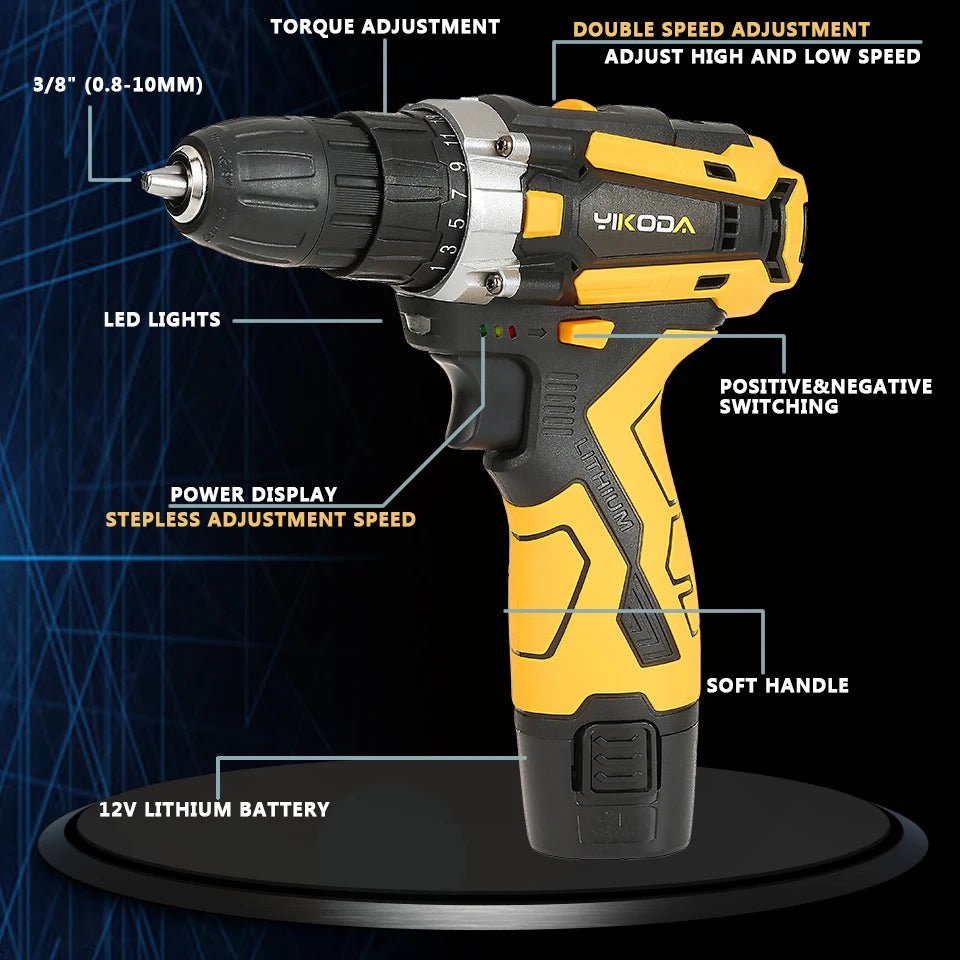 YIKODA 12/16.8/21V Cordless Drill Rechargeable Electric Screwdriver Lithium Battery - TrendoZone