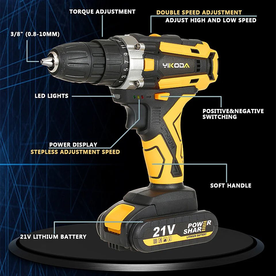 YIKODA 12/16.8/21V Cordless Drill Rechargeable Electric Screwdriver Lithium Battery - TrendoZone