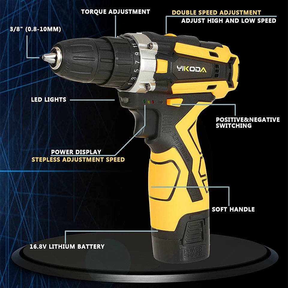 YIKODA 12/16.8/21V Cordless Drill Rechargeable Electric Screwdriver Lithium Battery - TrendoZone