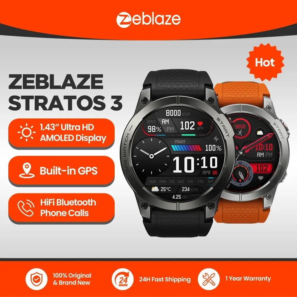 Zeblaze Stratos 3 Premium GPS Smart Watch Ultra HD AMOLED Display Built-in GPS Hi-Fi Bluetooth Phone Calls - TrendoZone